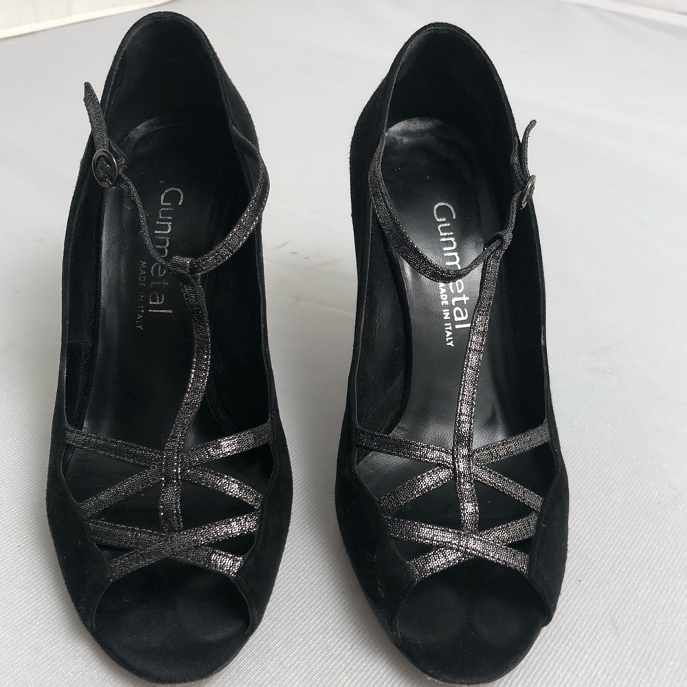 Gunmetal brand black suede stiletto heels